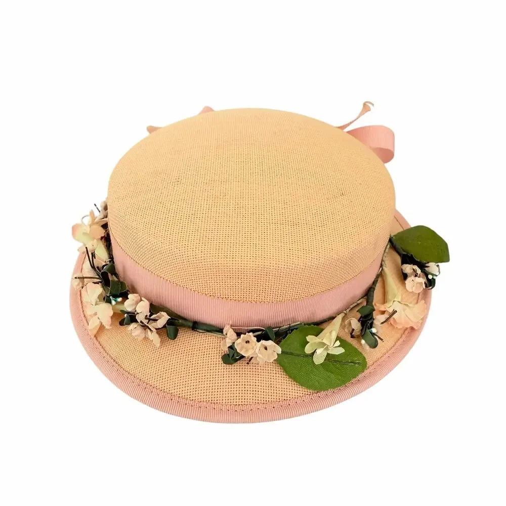 Vtg Pink Straw Boater Hat Floral Ribbton Sun Skimmer Garden Party Cottagecare